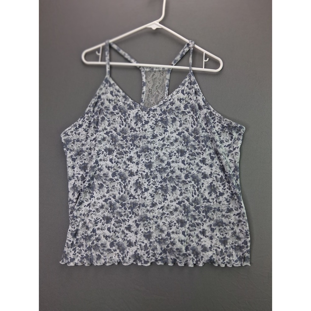 Tahari Tank Top Cami Floral Lace Racerback XL Blue Grey Ribbed Lettuce Hem VTG